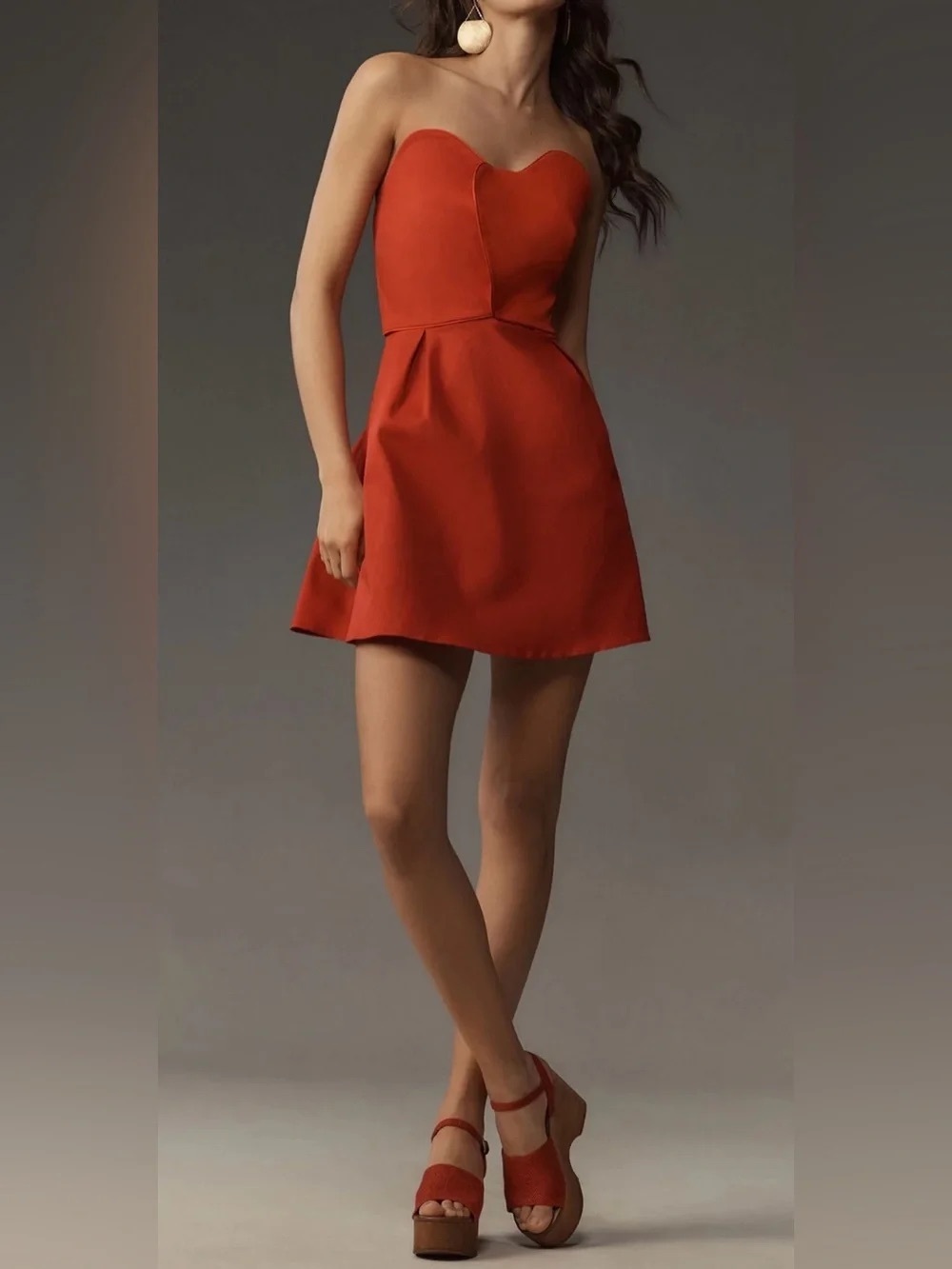 Strapless Sweetheart Midi Dress in Rust Red